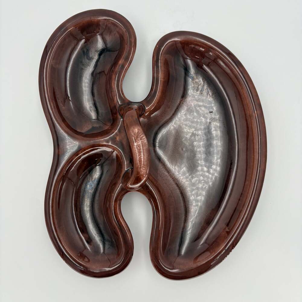 MCM Brown Drip Glaze Relish Platter 3 Bowl Ceramic Serving Tray 1960s - Picture 7 of 9